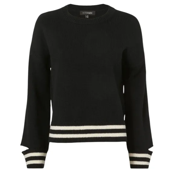 Intermix Bowie Stripe Cropped Knit Top Women's Black Sweater with White Stripes