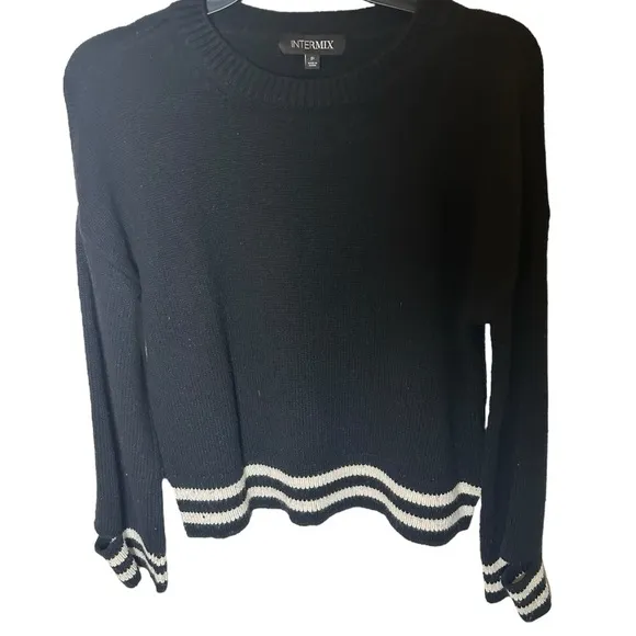 Intermix Bowie Stripe Cropped Knit Top Women's Black Sweater with White Stripes