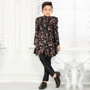 Intricate Leaf Print Black  Sherwani with Pyjama