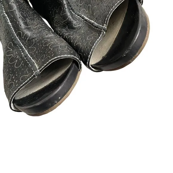 ITALMODA Black Leather Sling Back Open Toe Sandals Heel Floral Design 41
