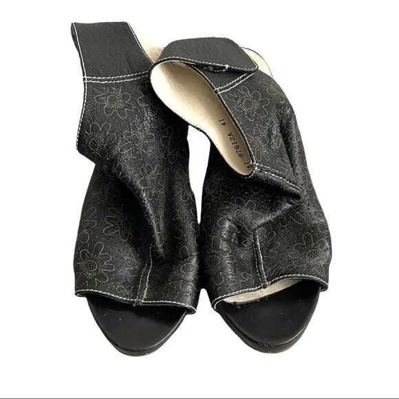 ITALMODA Black Leather Sling Back Open Toe Sandals Heel Floral Design 41