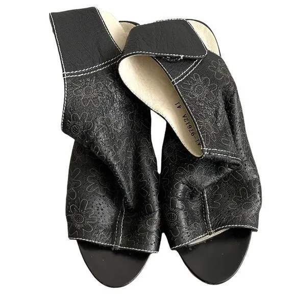 ITALMODA Black Leather Sling Back Open Toe Sandals Heel Floral Design 41