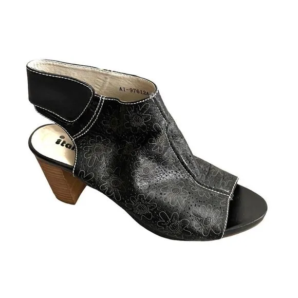 ITALMODA Black Leather Sling Back Open Toe Sandals Heel Floral Design 41