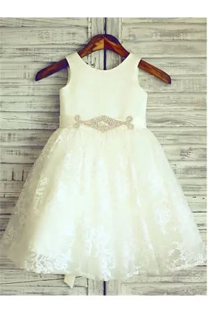 Ivory A-line Scoop Lace Sleeveless Floor-Length Beading Flower Girl Dress OK717