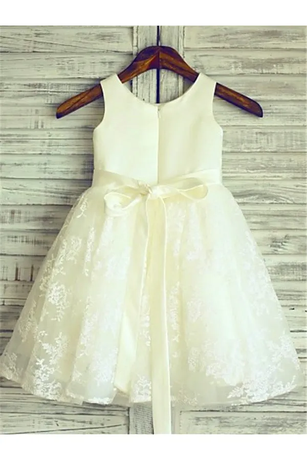 Ivory A-line Scoop Lace Sleeveless Floor-Length Beading Flower Girl Dress OK717