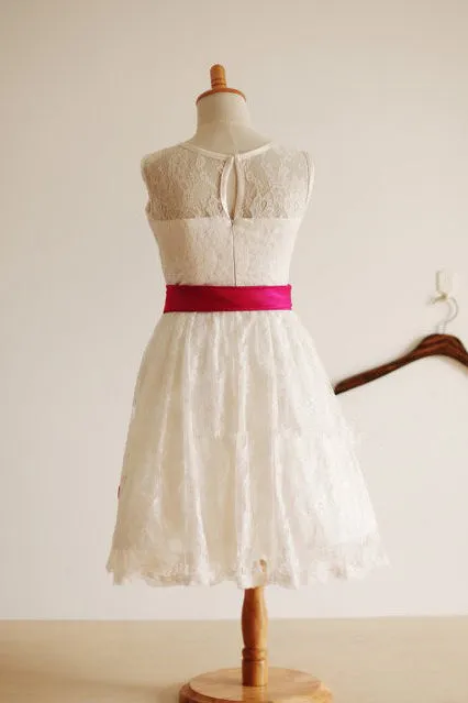 Ivory Bateau A-line Princess Sleeveless Long Lace Flower Girl Dresses With Sash OK701