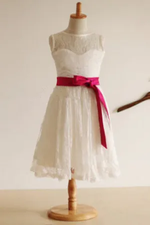 Ivory Bateau A-line Princess Sleeveless Long Lace Flower Girl Dresses With Sash OK701