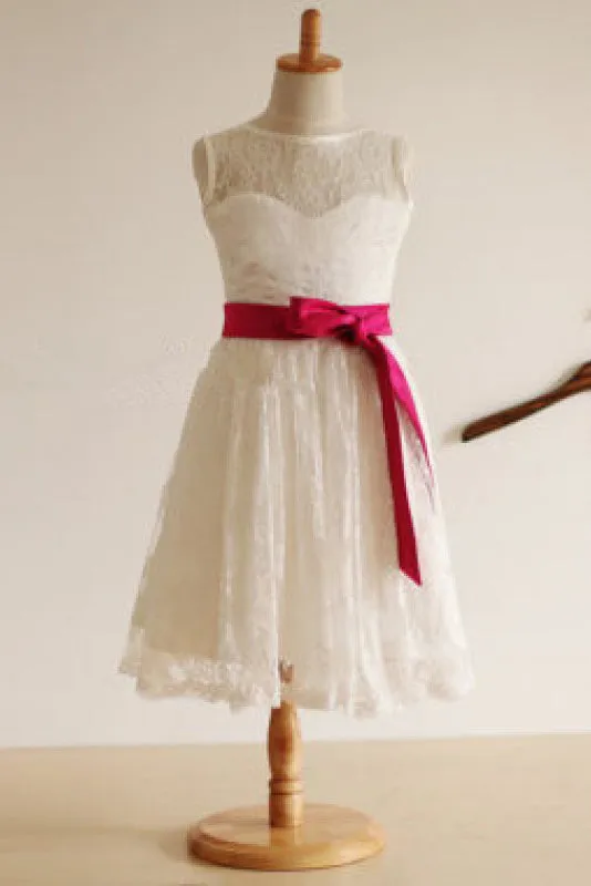 Ivory Bateau A-line Princess Sleeveless Long Lace Flower Girl Dresses With Sash OK701