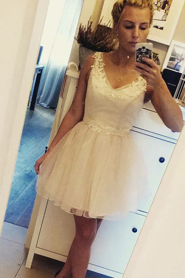 Ivory V Neck Homecoming Dress,Sleeveless Appliques Short Prom Dress, SH234