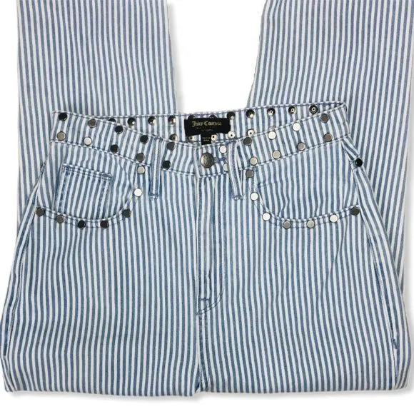 Juicy Couture High Rise White Blue Stripe Girlfriend Jeans with Studded Detail