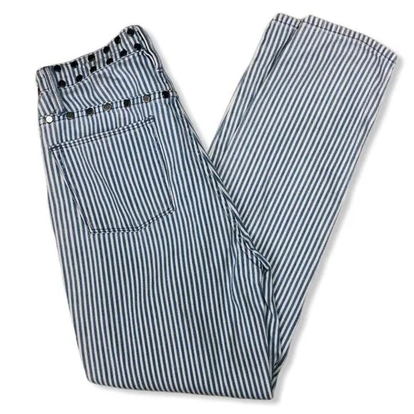 Juicy Couture High Rise White Blue Stripe Girlfriend Jeans with Studded Detail