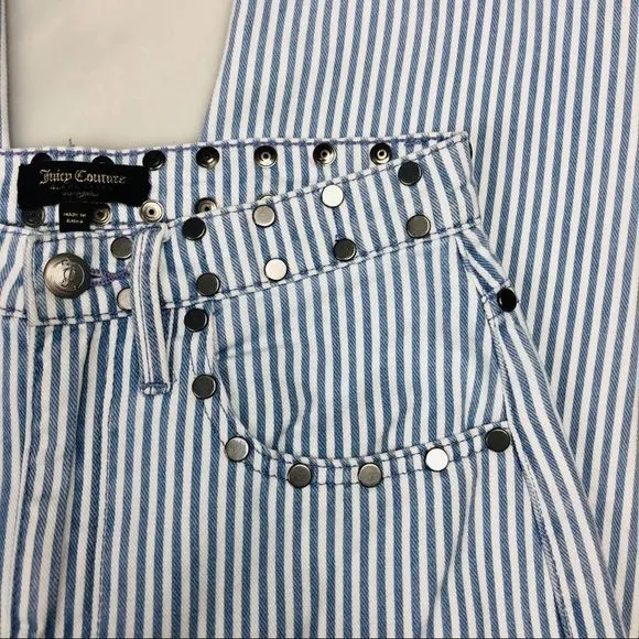Juicy Couture High Rise White Blue Stripe Girlfriend Jeans with Studded Detail