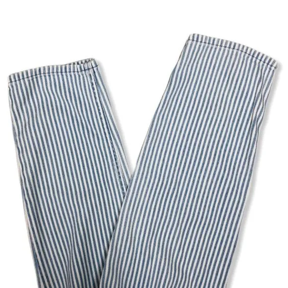 Juicy Couture High Rise White Blue Stripe Girlfriend Jeans with Studded Detail