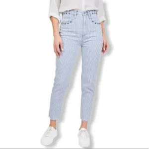 Juicy Couture High Rise White Blue Stripe Girlfriend Jeans with Studded Detail