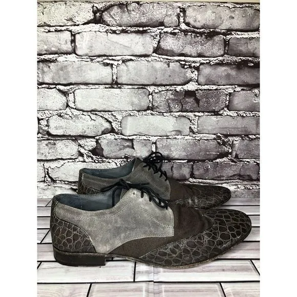 Just Cavalli Taupe Croc Leather Suede Fabric Designer Oxfords Shoes Men Sz 48EU