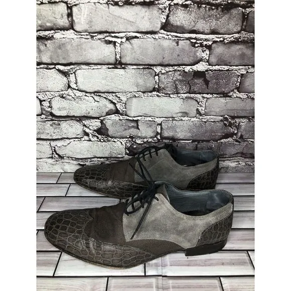 Just Cavalli Taupe Croc Leather Suede Fabric Designer Oxfords Shoes Men Sz 48EU