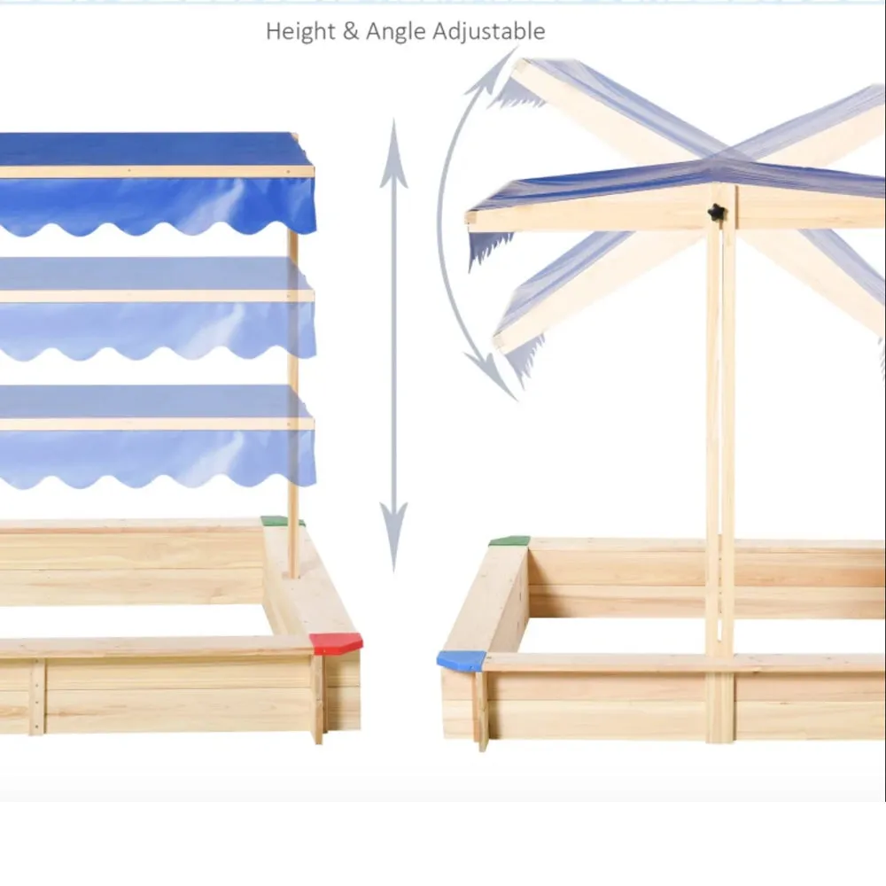 Kids Eco Solid Fir Wood Sandpit with UV & Waterproof Adjustable Canopy | Blue | 1.2m Square