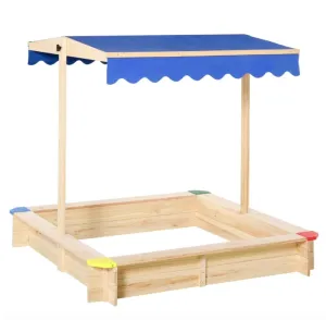 Kids Eco Solid Fir Wood Sandpit with UV & Waterproof Adjustable Canopy | Blue | 1.2m Square