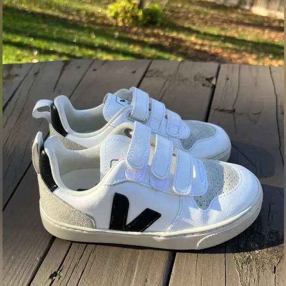 🖤KIDS VEJA V-10 3 STRAP VELCRO SNEAKERS WHITE BLACK SHOES EU 30 12.5
