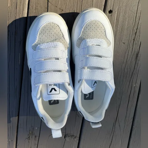 🖤KIDS VEJA V-10 3 STRAP VELCRO SNEAKERS WHITE BLACK SHOES EU 30 12.5