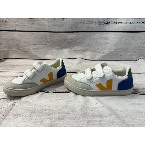 Kids VEJA V-12 white blue green Velcro sneakers 2