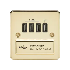 Knightsbridge FPQUADPB Flat Plate Quad USB Charger - Polished Brass   Black Insert