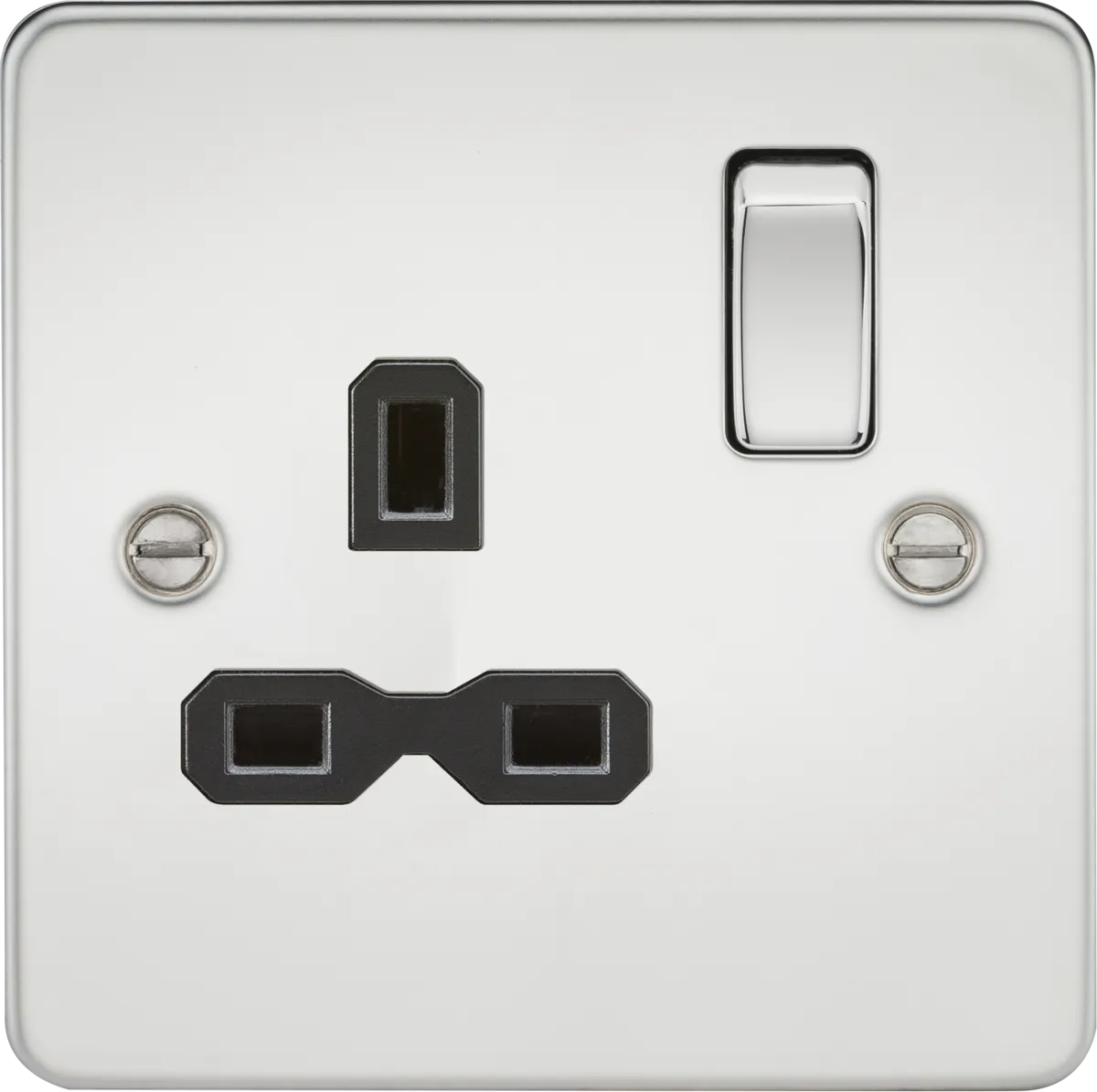 Knightsbridge FPR7000PCx10 Flat Plate 13A 1G DP Switch Socket - Polished Chrome   Black Insert (10 Pack)