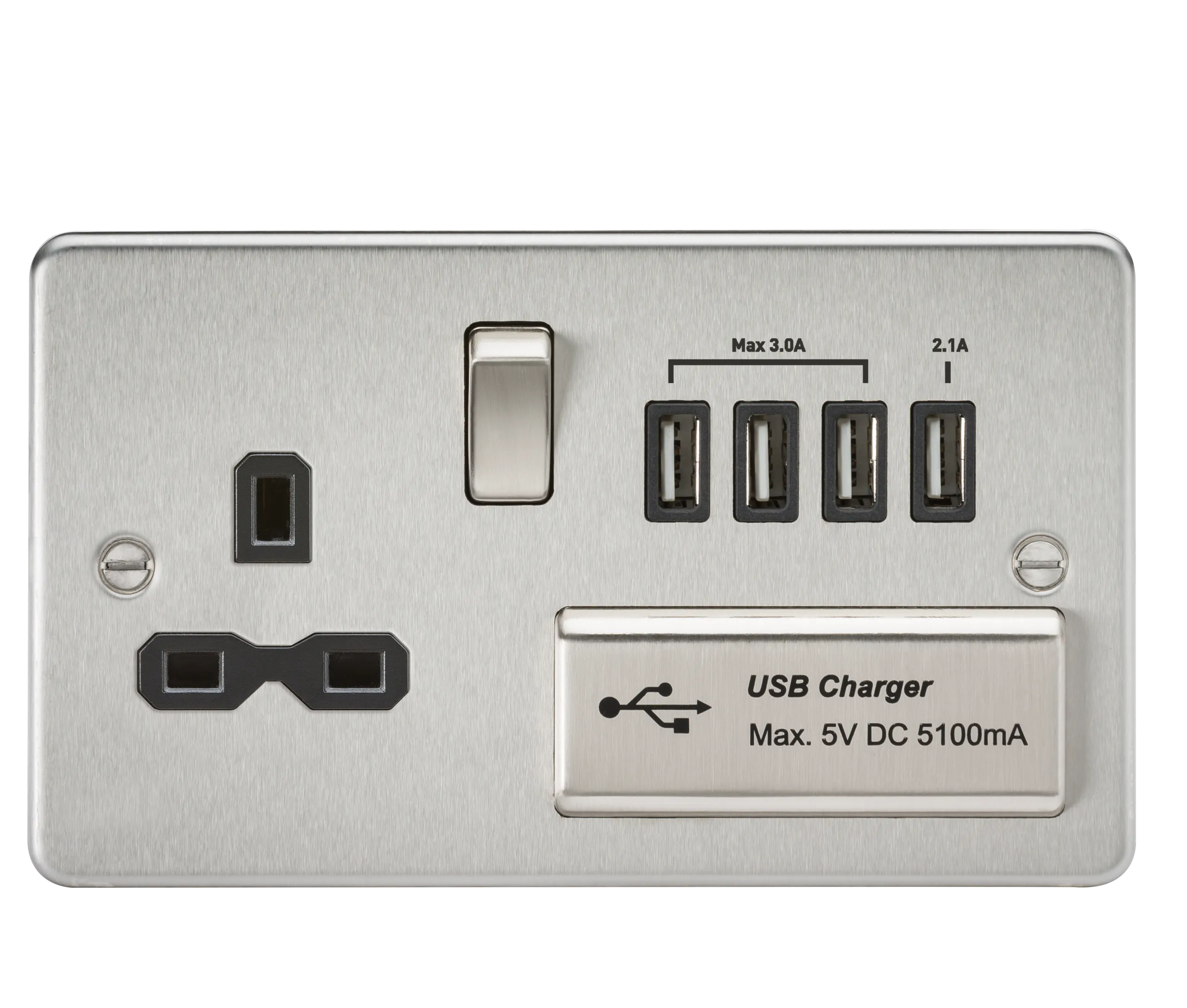 Knightsbridge FPR7USB4BC Flat Plate 13A Switch Socket   4xUSB - Brushed Chrome   Black Insert