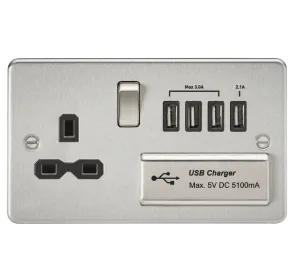 Knightsbridge FPR7USB4BC Flat Plate 13A Switch Socket   4xUSB - Brushed Chrome   Black Insert