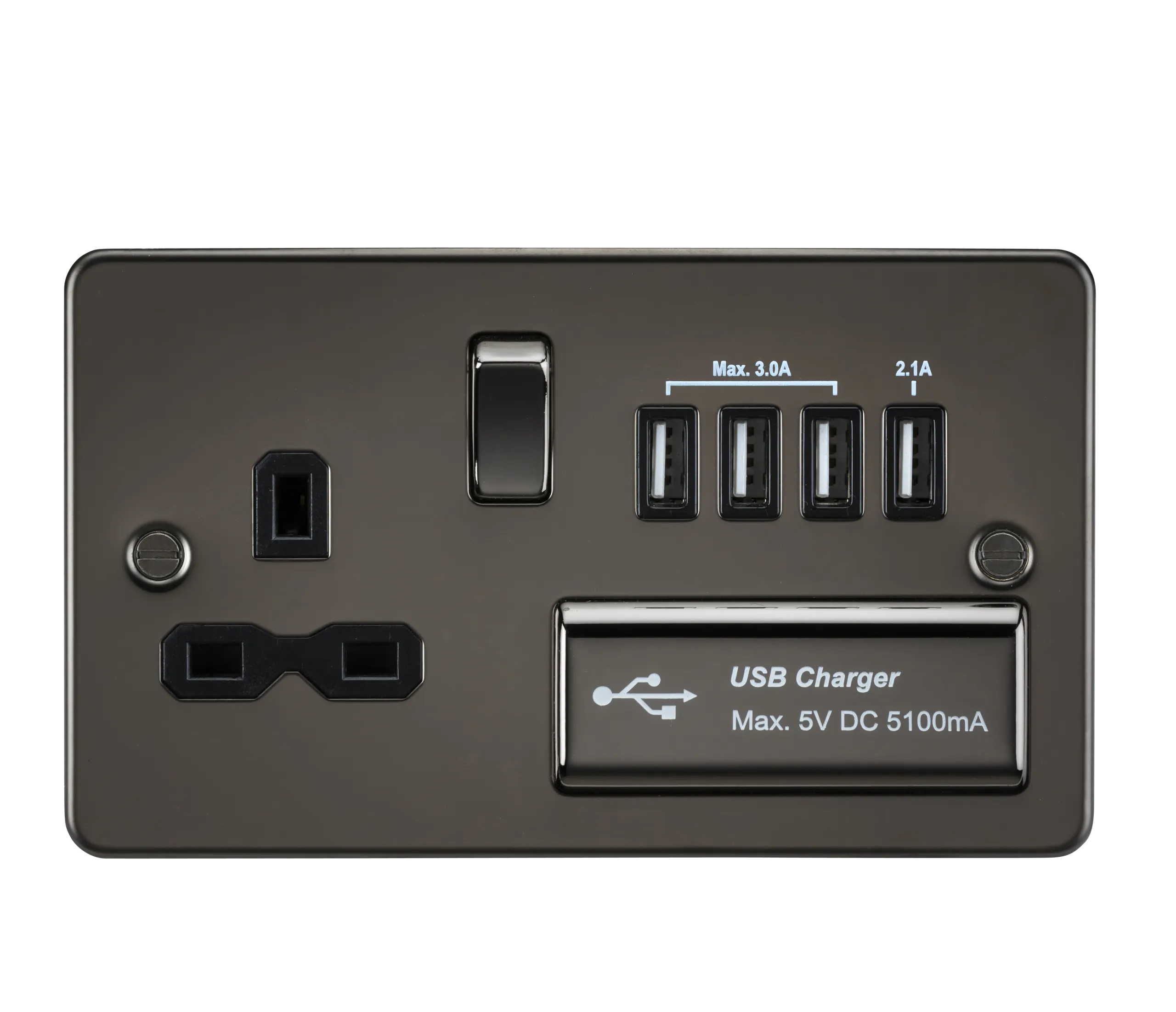 Knightsbridge FPR7USB4GM Flat Plate 13A Switch Socket   4xUSB - Gunmetal   Black Insert