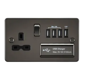 Knightsbridge FPR7USB4GM Flat Plate 13A Switch Socket   4xUSB - Gunmetal   Black Insert