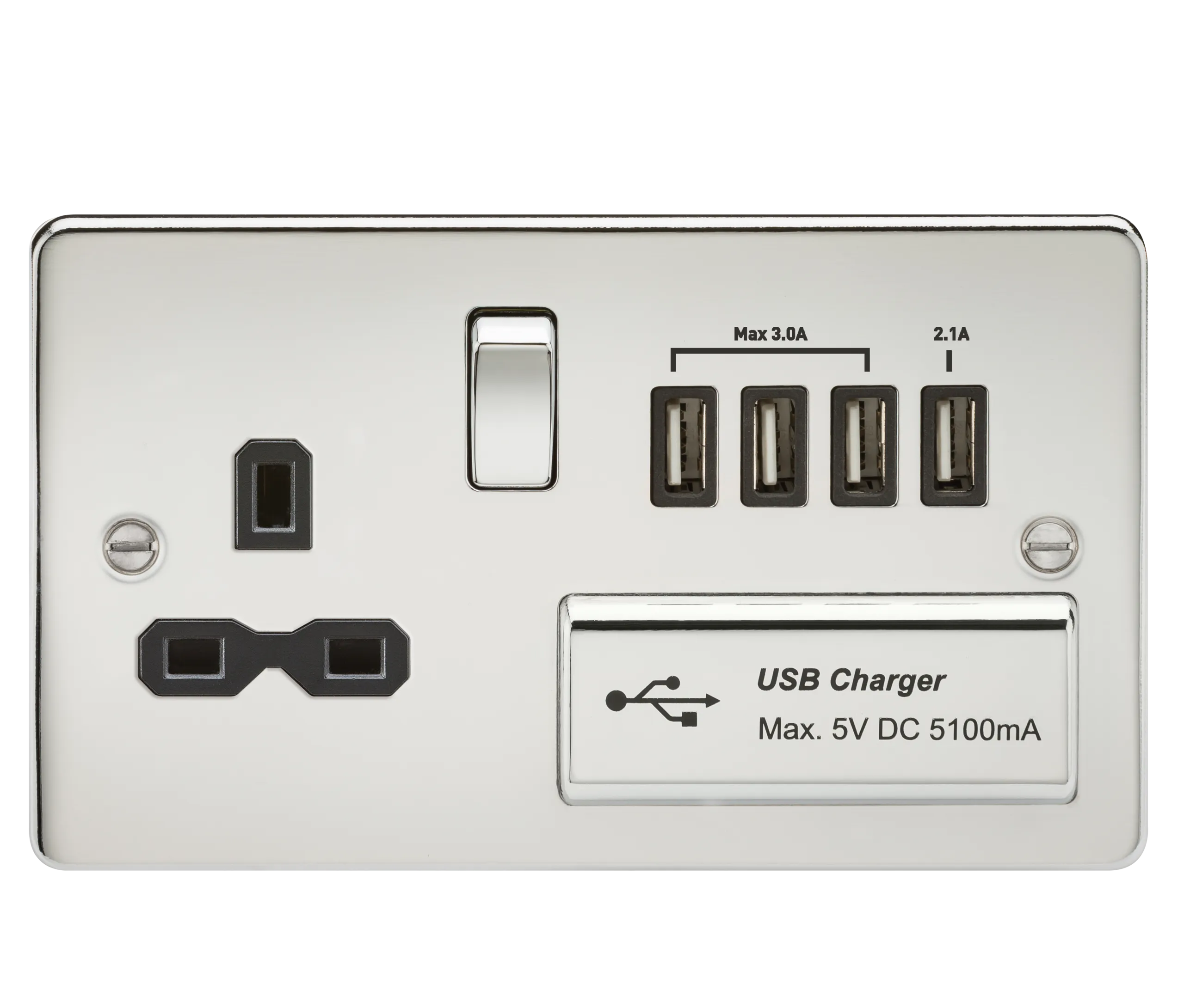 Knightsbridge FPR7USB4PC Flat Plate 13A Switch Socket   4xUSB - Polished Chrome   Black Insert