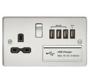 Knightsbridge FPR7USB4PC Flat Plate 13A Switch Socket   4xUSB - Polished Chrome   Black Insert