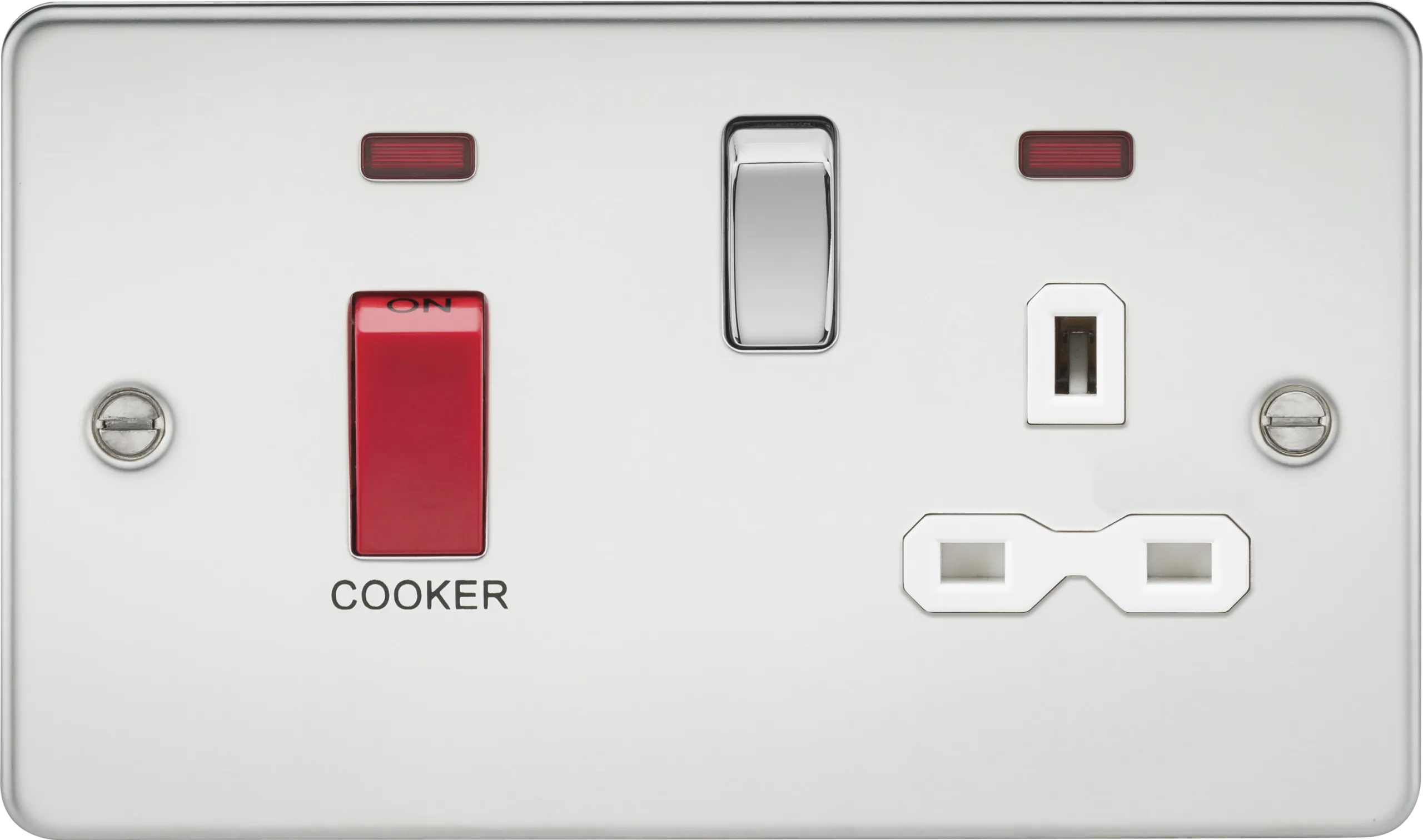 Knightsbridge FPR8333NPCW Flat Plate 45A DP Cooker Switch   13A Socket   Neon - Polished Chrome   White Insert