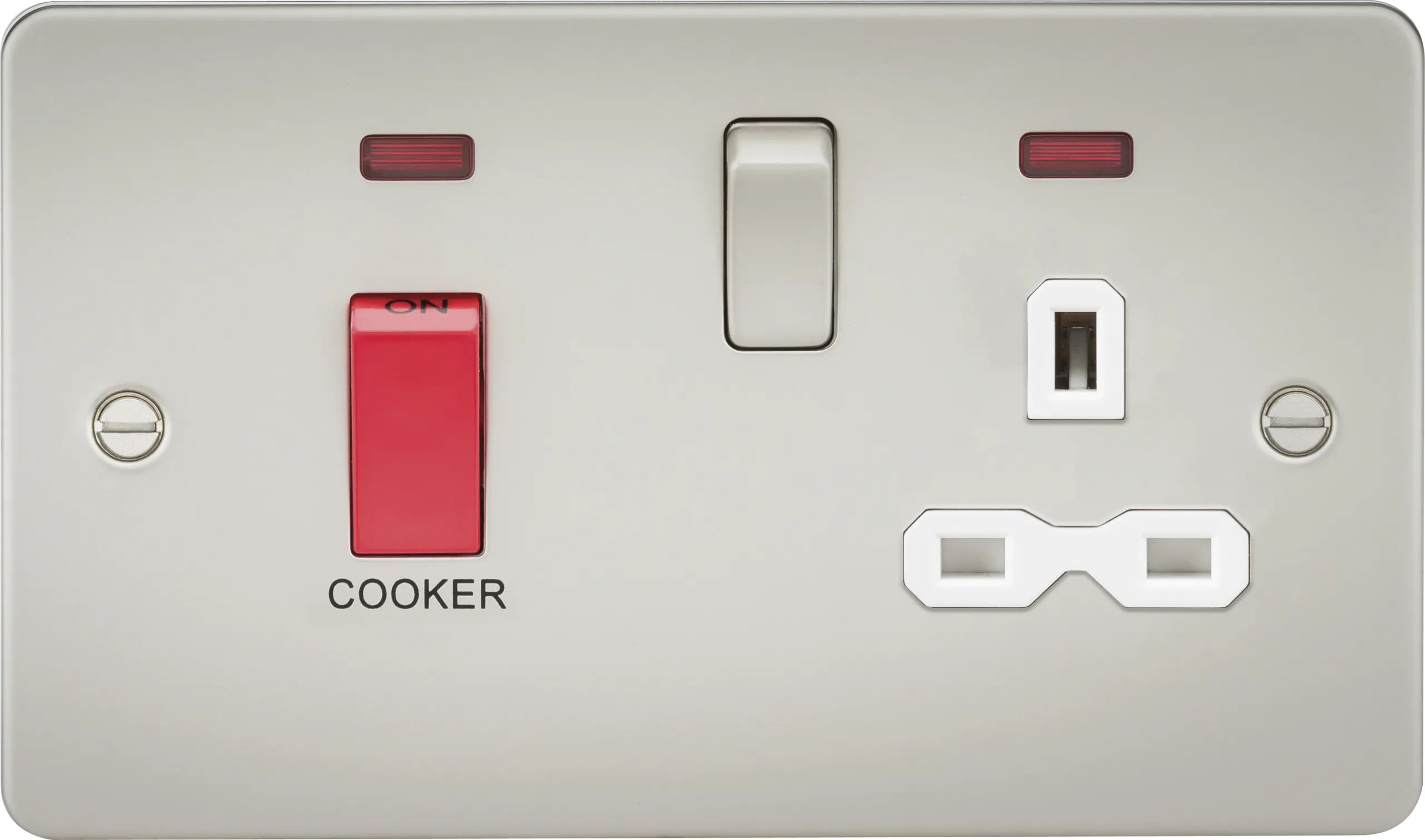 Knightsbridge FPR8333NPLW Flat Plate 45A DP Cooker Switch   13A Socket   Neon - Pearl   White Insert
