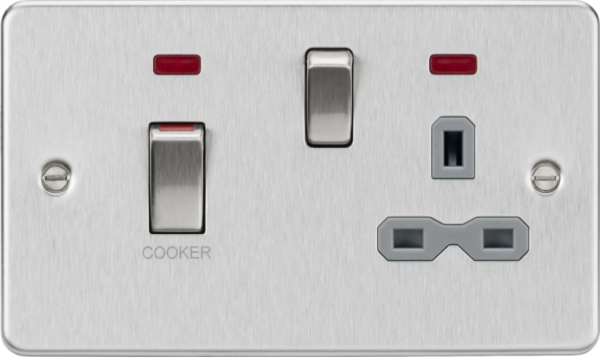 Knightsbridge FPR83MNBCG Flat Plate 45A DP Cooker Switch   13A Switched Socket   Neons - Brushed Chrome   Grey Insert