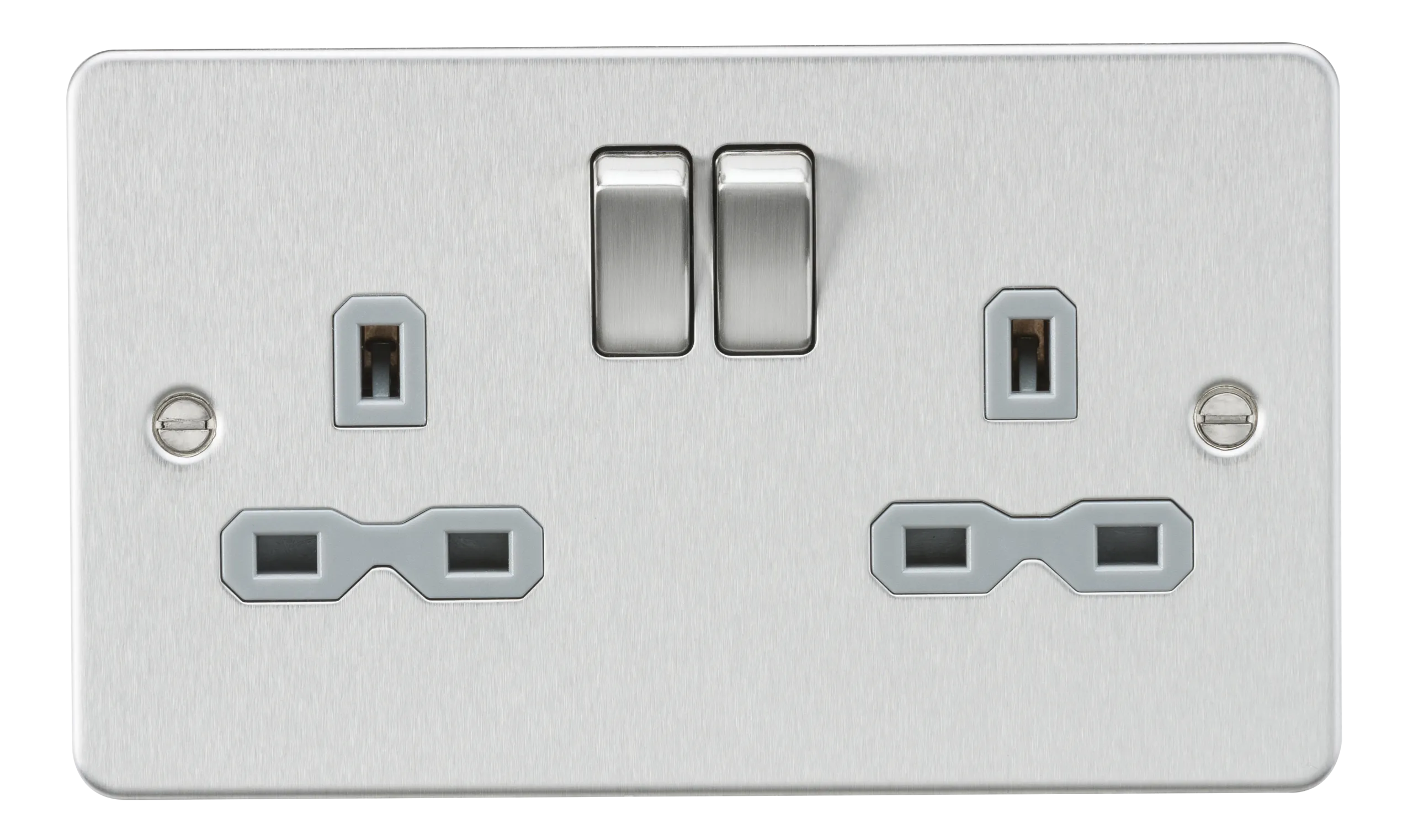 Knightsbridge FPR9000BCG Flat Plate 13A 2G DP Switch Socket - Brushed Chrome   Grey Insert