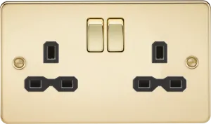 Knightsbridge FPR9000PBx5 Flat Plate 13A 2G DP Switch Socket - Polished Brass   Black Insert (5 Pack)