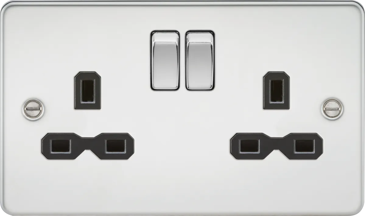 Knightsbridge FPR9000PCx5 Flat Plate 13A 2G DP Switch Socket - Polished Chrome   Black Insert (5 Pack)