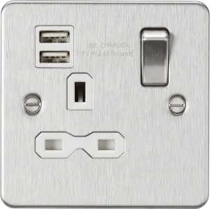 Knightsbridge FPR9124BCW Flat Plate 13A 1G Switch Socket   2xUSB 2.4A - Brushed Chrome   White Insert