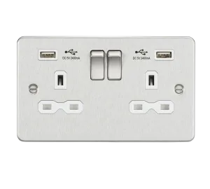 Knightsbridge FPR9224BCW Flat Plate 13A 2G Switch Socket   2xUSB 2.4A - Brushed Chrome   White Insert