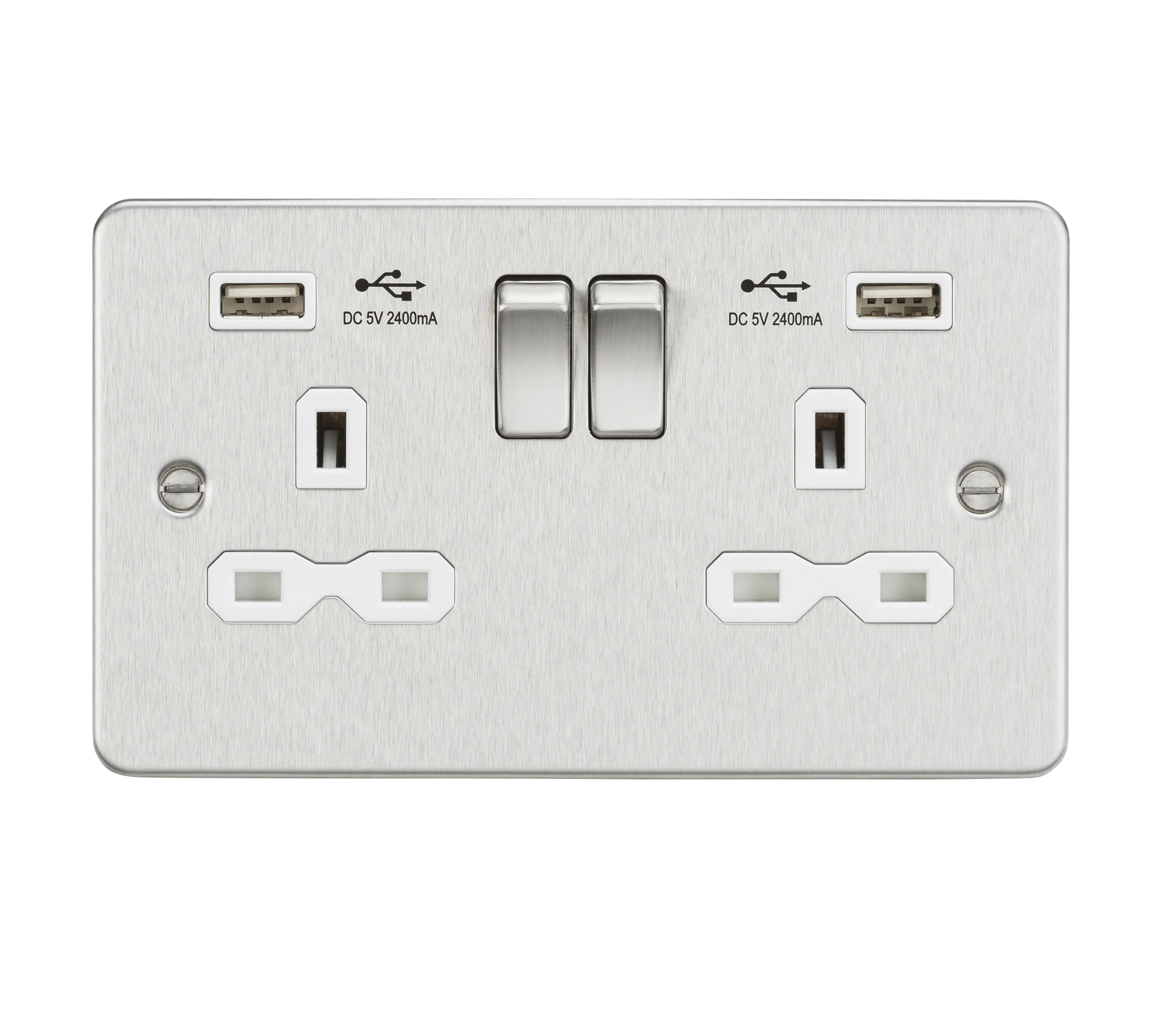 Knightsbridge FPR9224BCW Flat Plate 13A 2G Switch Socket   2xUSB 2.4A - Brushed Chrome   White Insert