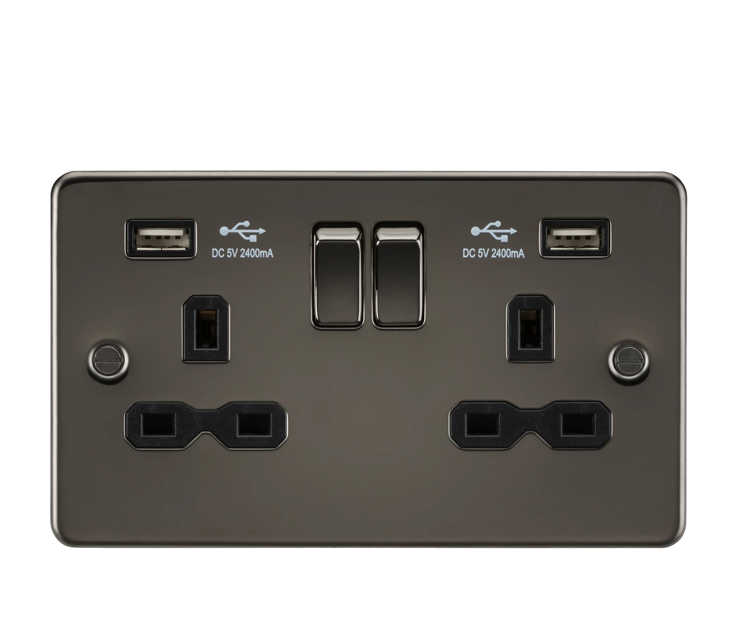 Knightsbridge FPR9224GM Flat Plate 13A 2G Switch Socket   2xUSB 2.4A - Gunmetal   Black Insert