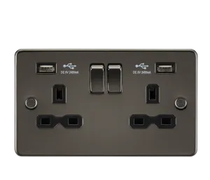 Knightsbridge FPR9224GM Flat Plate 13A 2G Switch Socket   2xUSB 2.4A - Gunmetal   Black Insert