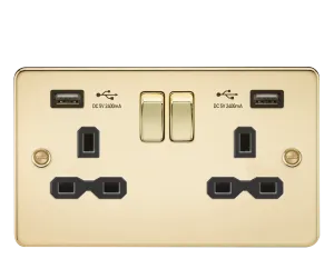 Knightsbridge FPR9224PB Flat Plate 13A 2G Switch Socket   2xUSB 2.4A - Polished Brass   Black Insert