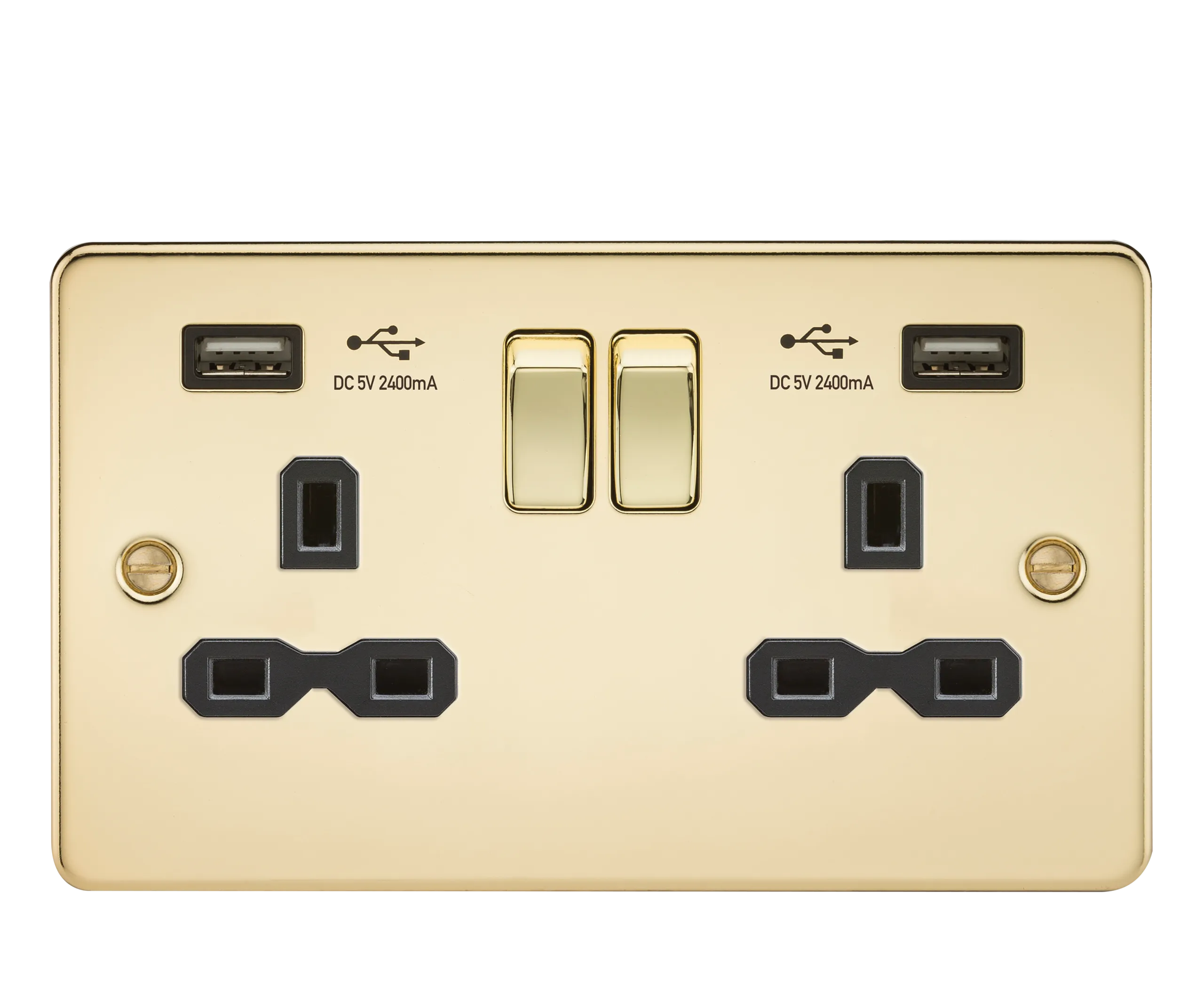 Knightsbridge FPR9224PB Flat Plate 13A 2G Switch Socket   2xUSB 2.4A - Polished Brass   Black Insert