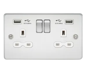 Knightsbridge FPR9224PCW Flat Plate 13A 2G Switch Socket   2xUSB 2.4A - Polished Chrome   White Insert