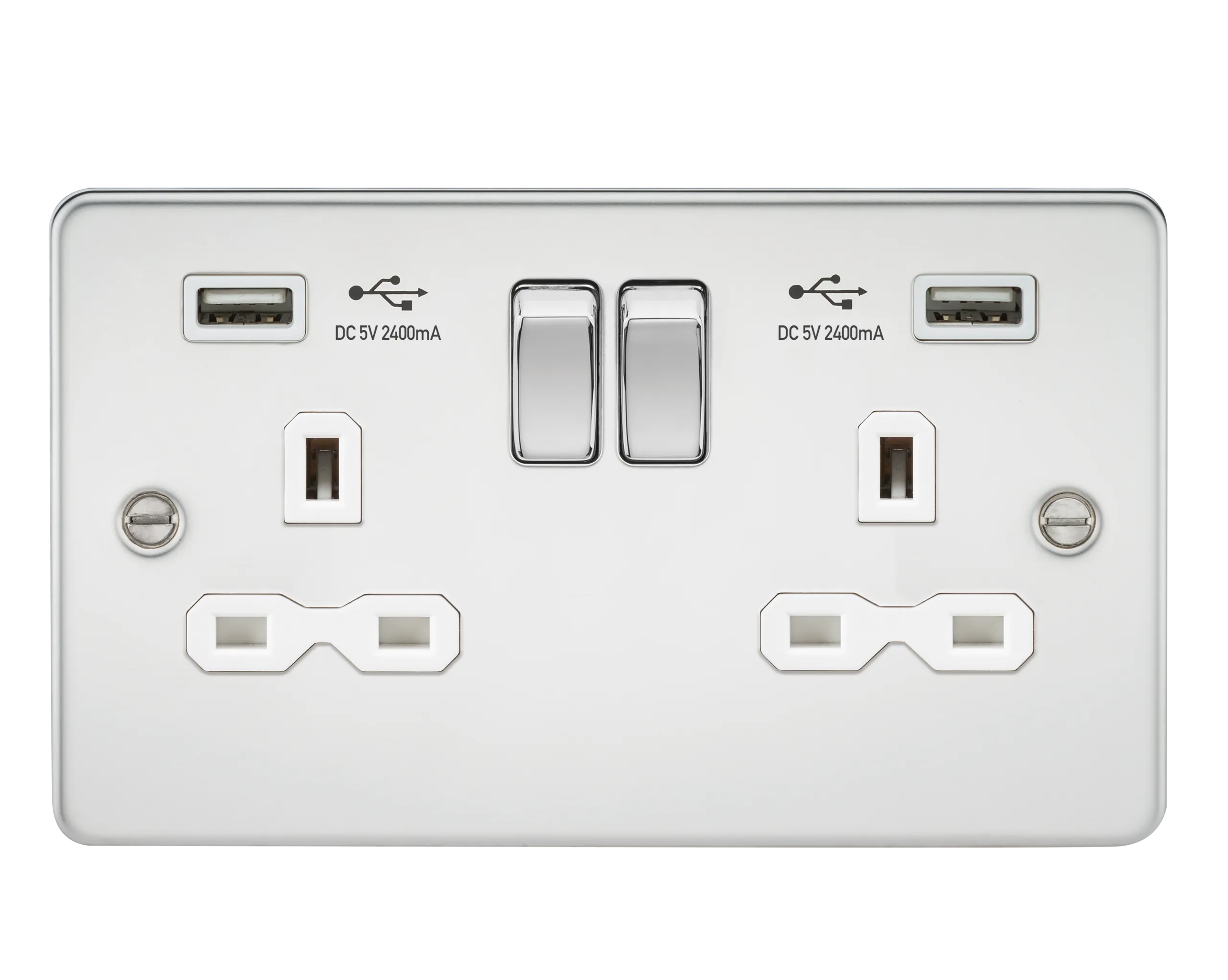 Knightsbridge FPR9224PCW Flat Plate 13A 2G Switch Socket   2xUSB 2.4A - Polished Chrome   White Insert