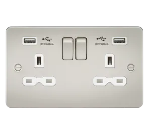 Knightsbridge FPR9224PLW Flat Plate 13A 2G Switch Socket   2xUSB 2.4A - Pearl   White Insert
