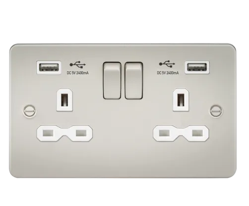 Knightsbridge FPR9224PLW Flat Plate 13A 2G Switch Socket   2xUSB 2.4A - Pearl   White Insert